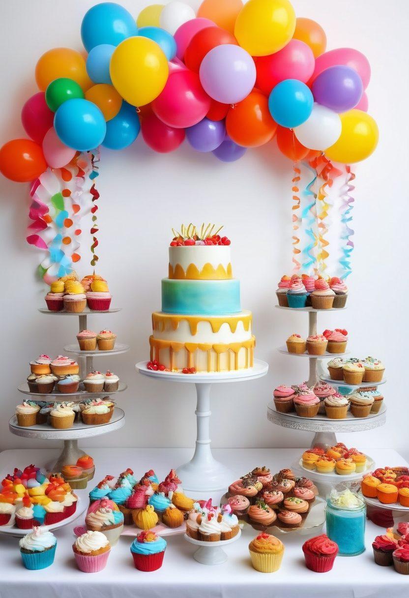 A colorful dessert table filled with an array of personalized treats, such as custom cupcakes, cakes with unique toppings, and themed cookies. Surround the table with festive decorations like balloons and streamers in vibrant colors. Include people joyfully celebrating and indulging in the treats, capturing the essence of birthdays and festivities. The scene should radiate warmth and happiness, inviting viewers to indulge in the art of personalized delights. super-realistic. vibrant colors. white background.