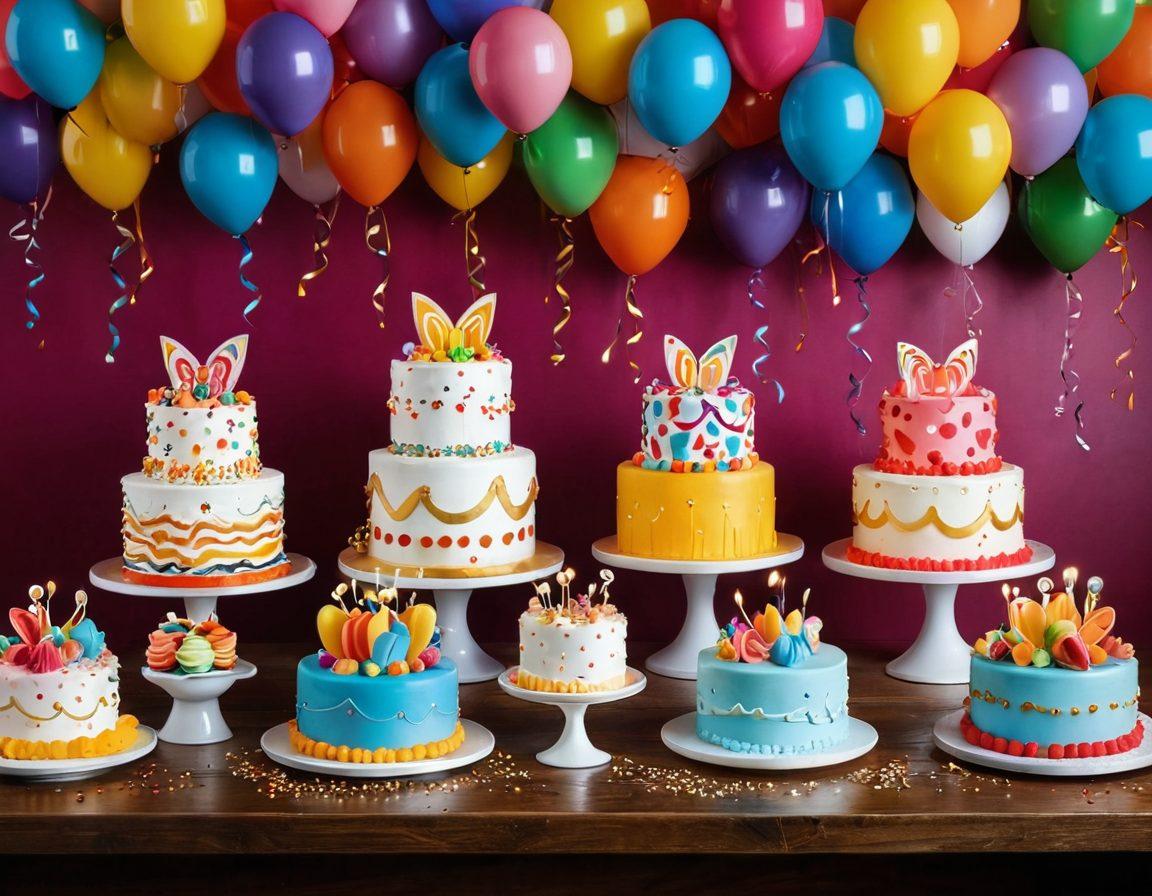 A colorful, whimsical bakery scene featuring a variety of beautifully decorated booty cakes, each uniquely designed for different celebrations. Surround the cakes with joyful characters rejoicing in happiness, adorned with party hats and balloons. Add a vibrant backdrop with cheerful decorations like streamers and confetti. Bright, inviting lighting to create a warm atmosphere of joy and festivity. super-realistic. vibrant colors. whimsical style.