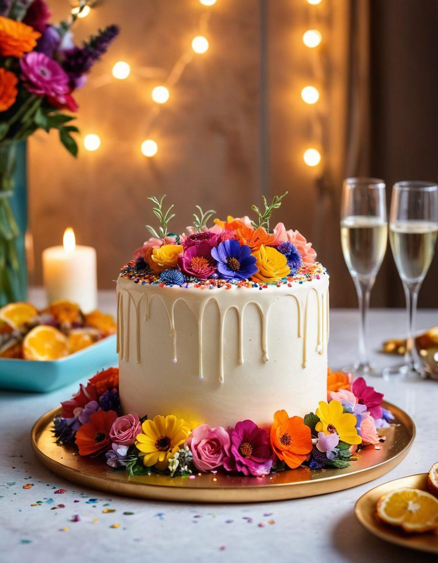A beautifully decorated gourmet booty cake placed at the center of a lavish party table, adorned with colorful sprinkles and edible flowers. Surrounding the cake, elegant glassware and festive decorations create a lively atmosphere, with soft fairy lights twinkling in the background. The setting features a mix of vibrant colors and textures to elevate the occasion, inviting guests to indulge. super-realistic. vibrant colors. party setting.